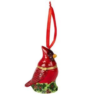 Red Cardinal Bird Trinket Box Figurine Christmas Ribbon Hanging Ornament Gift